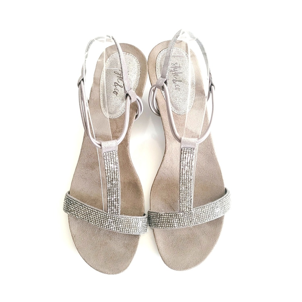 Style & Co Mulan Embellished Wedge Sandals 9M Silver Grey Rhinestone T-strap Y2K - Picture 7 of 17